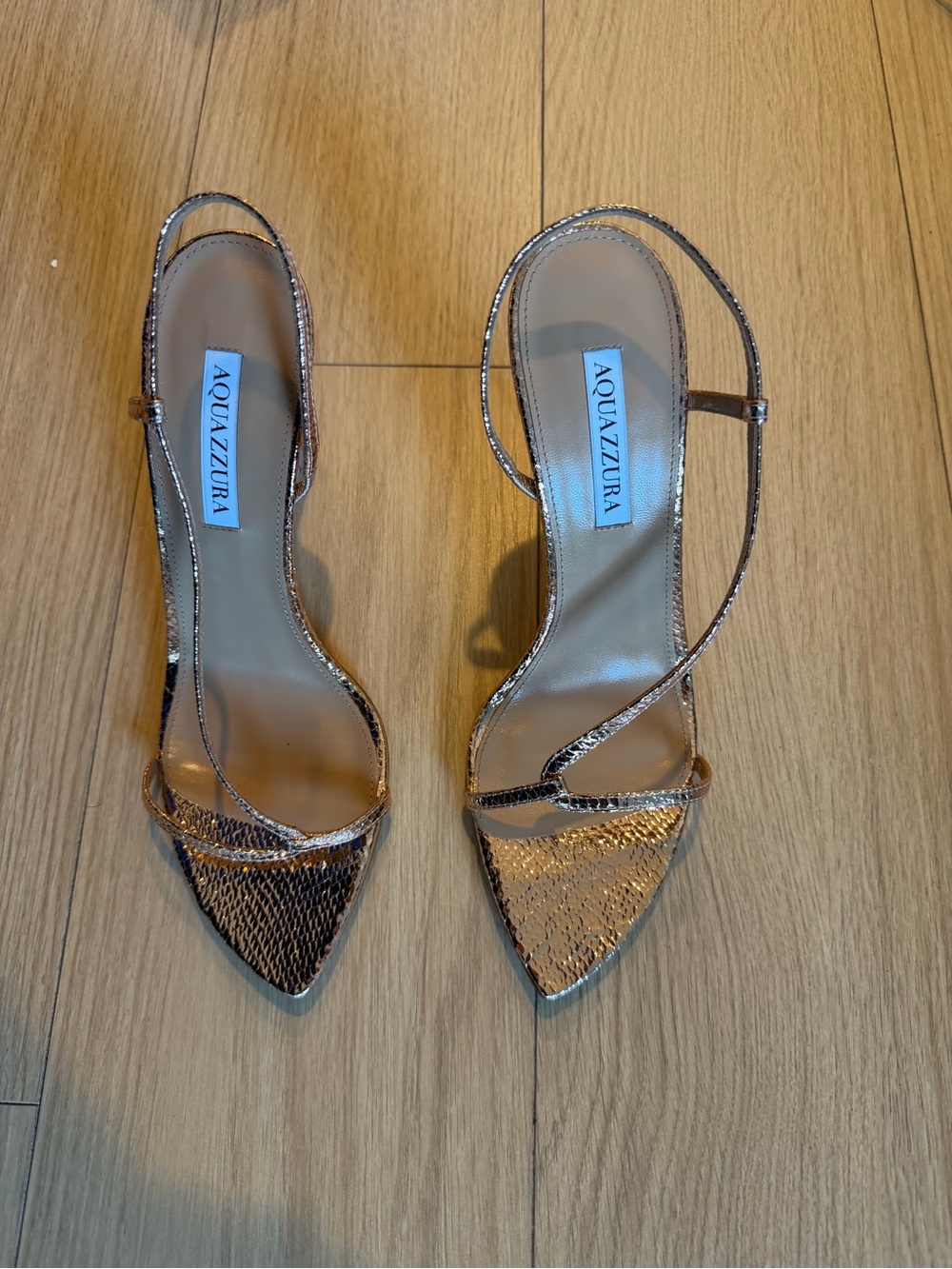 Aquazzura Metallic Bronze Pointed Toe Strappy Heels